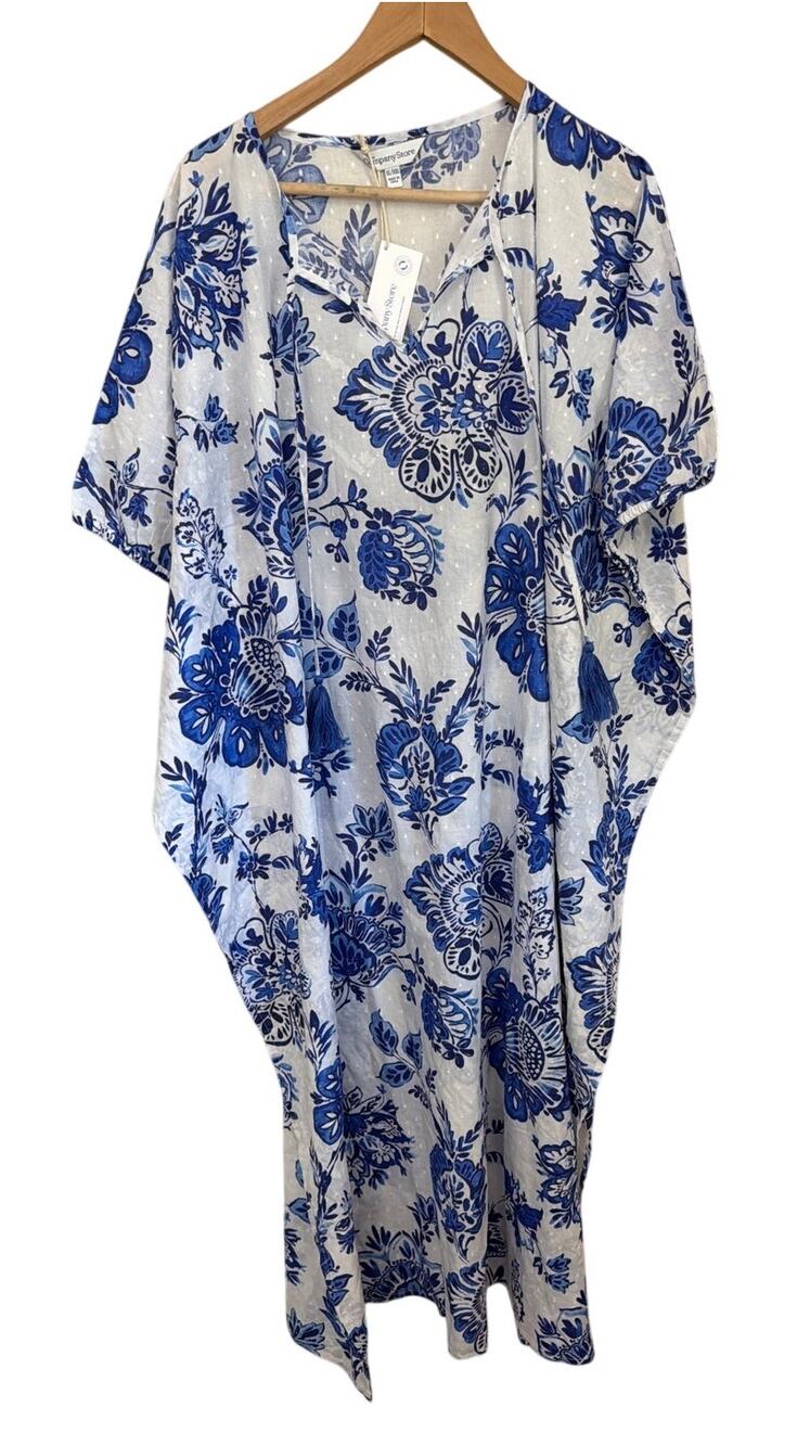 Company store Printed Voile Caftan Dress - Watercolor Floral Deep Blue XL/XXL